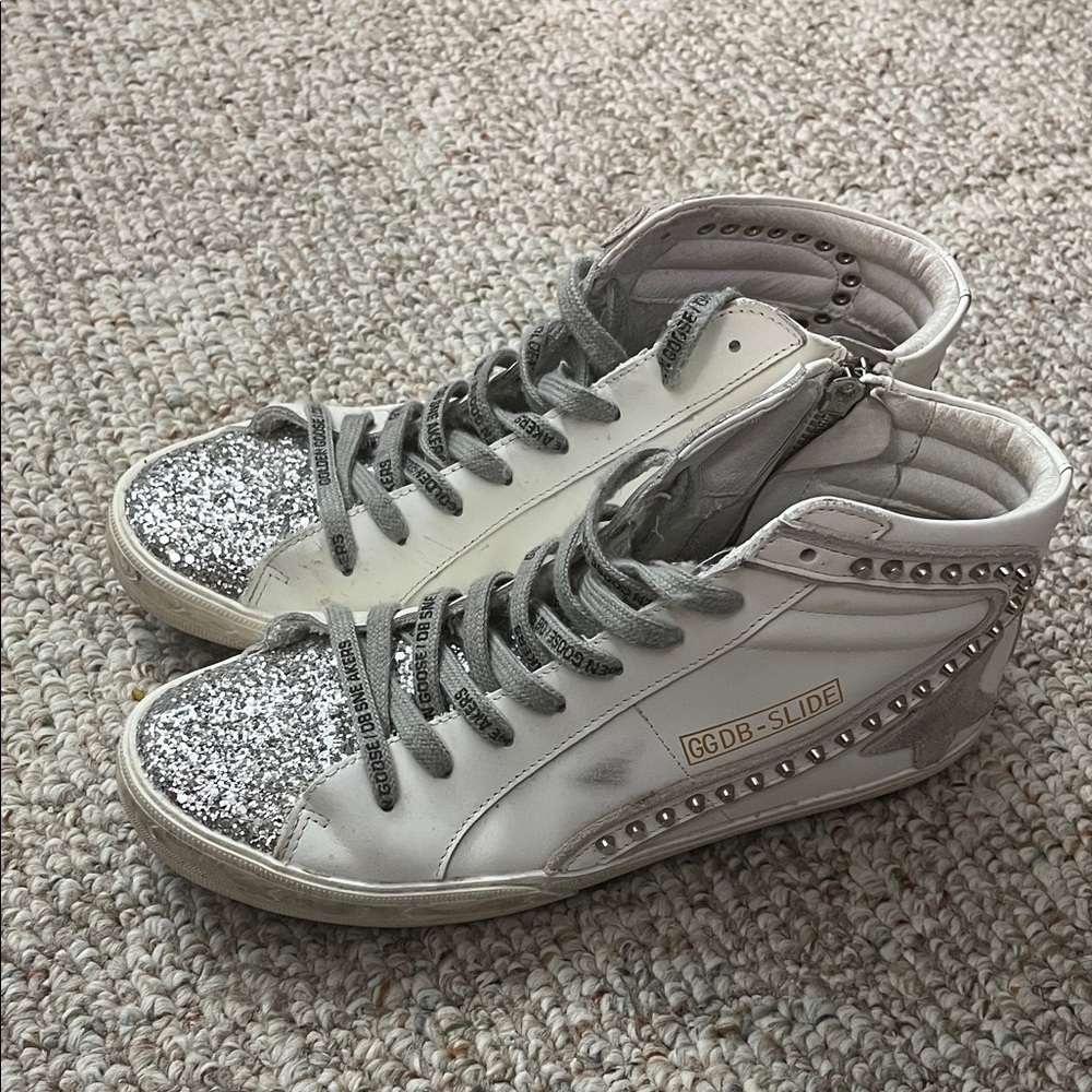 Golden Goose Studded Silver Glitter Slide High-Tops